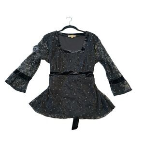 Vintage Babydoll Top Black Velvet Burnout Bell Sleeve Goth WhimsiGoth Size XL